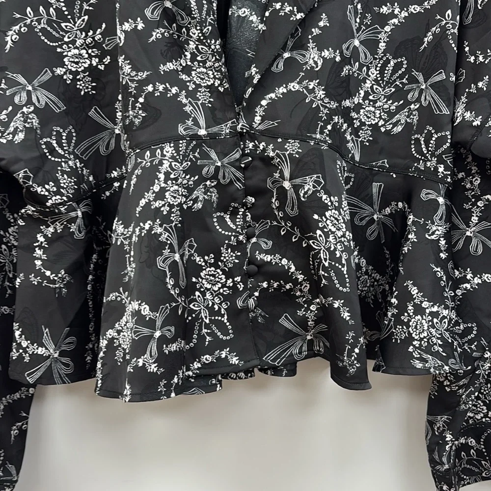 Intimately Free People Floral Bow Print V-Neck Button Down Boxy Shirt Black XL